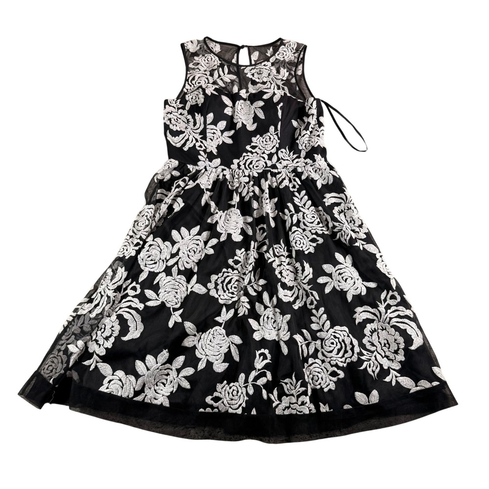 Eliza J Black White Floral Embroidered Mesh Fit Flare Dress Coquette Evening 10 - Picture 2 of 14